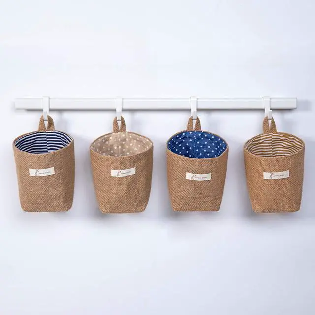 Alt view image 4 of 7 - 4 Pack Wall Hanging Storage Bags Hanging Storage Bags Cotton Linen Storage Basket Foldable Wall Hanging Basket Family Organizer Box Decorative Bag (Color as Shown)3.93 * 3.93 * 5.31
