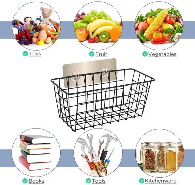 Alt view image 3 of 6 - 2 Pack Hanging Wall Basket Wire Storage Baskets, Adhesive Basket for Cabinet Door Organizer No Drilling, Hanging Fruit Baskets for Kitchen, Pantry Organization, Bathroom, Black