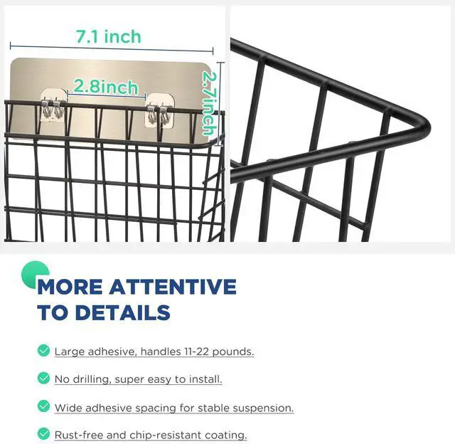 Alt view image 4 of 6 - 2 Pack Hanging Wall Basket Wire Storage Baskets, Adhesive Basket for Cabinet Door Organizer No Drilling, Hanging Fruit Baskets for Kitchen, Pantry Organization, Bathroom, Black