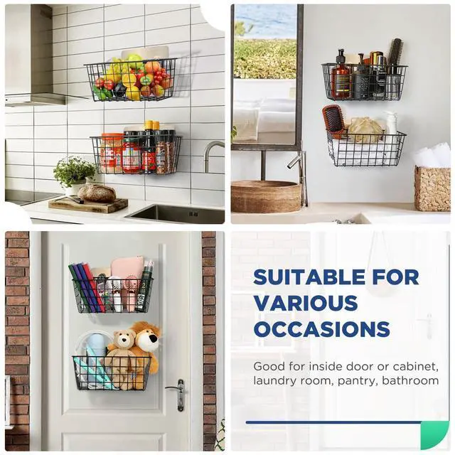 Alt view image 5 of 6 - 2 Pack Hanging Wall Basket Wire Storage Baskets, Adhesive Basket for Cabinet Door Organizer No Drilling, Hanging Fruit Baskets for Kitchen, Pantry Organization, Bathroom, Black