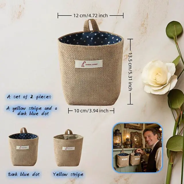 Alt view image 5 of 7 - Machine Washable Hemp Cotton Hanging Organizer for Door, Wall & Bedside. Space Saving Storage Pockets, Heavy Duty 15lb Anti-Slip Design for Home & Office (Blue dot)
