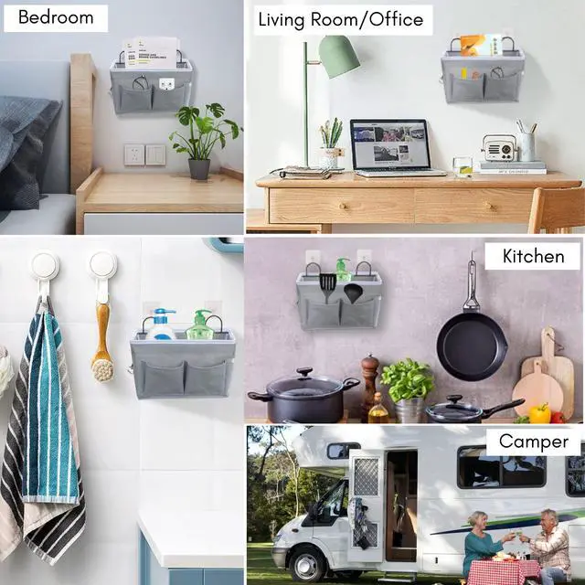 Alt view image 2 of 6 - 2pcs Middle Wall Hanging Organizer Bag, Linen Fabric Door Hanging Storage Basket with Pockets, Waterproof Bin for Kitchen, Bedroom, Office, RV Camper (Gray)