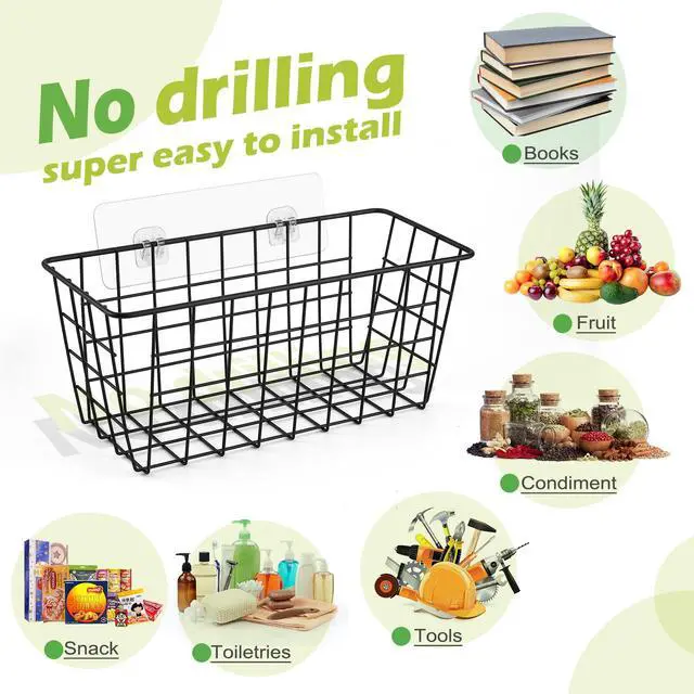 Alt view image 3 of 6 - 2 Pack Hanging Kitchen Baskets, Adhesive Wire Wall Storage Basket, No Drilling Hanging Fruit Baskets, Cabinet Door Organizer for Kitchen Bathroom Pantry, Upgrade Super-sized Adhesive