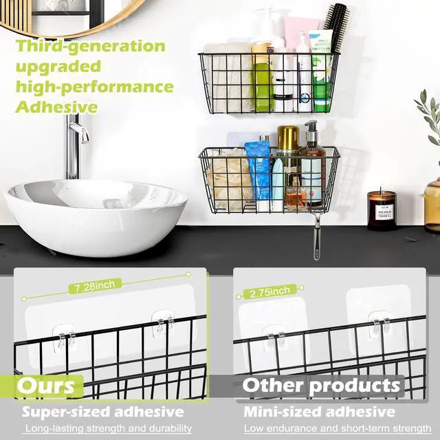 Alt view image 4 of 6 - 2 Pack Hanging Kitchen Baskets, Adhesive Wire Wall Storage Basket, No Drilling Hanging Fruit Baskets, Cabinet Door Organizer for Kitchen Bathroom Pantry, Upgrade Super-sized Adhesive