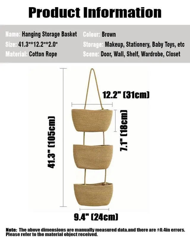 Alt view image 4 of 7 - Wall Hanging Cotton Baskets - Large 3 Tier Decorative Baskets for Wall, Nursery, Bathroom (B-Brown)
