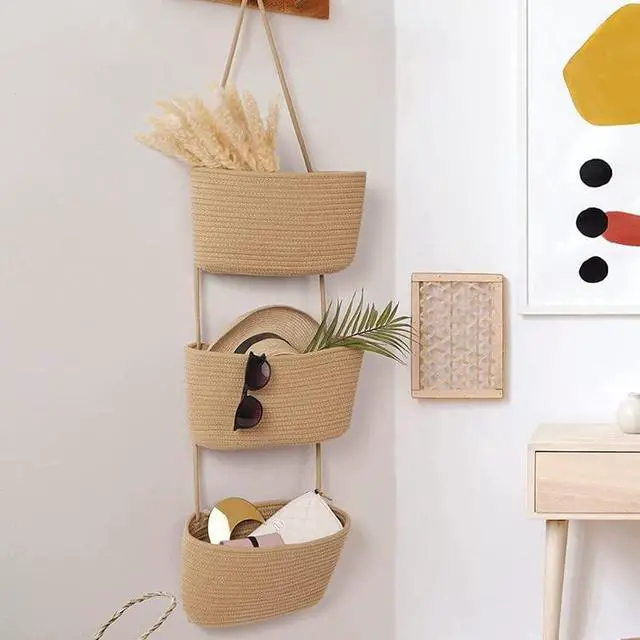 Alt view image 7 of 7 - Wall Hanging Cotton Baskets - Large 3 Tier Decorative Baskets for Wall, Nursery, Bathroom (B-Brown)
