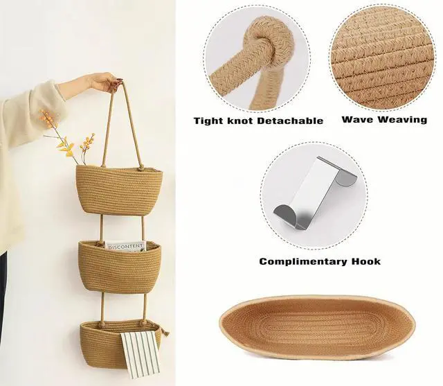 Alt view image 5 of 7 - Wall Hanging Cotton Baskets - Large 3 Tier Decorative Baskets for Wall, Nursery, Bathroom (B-Brown)