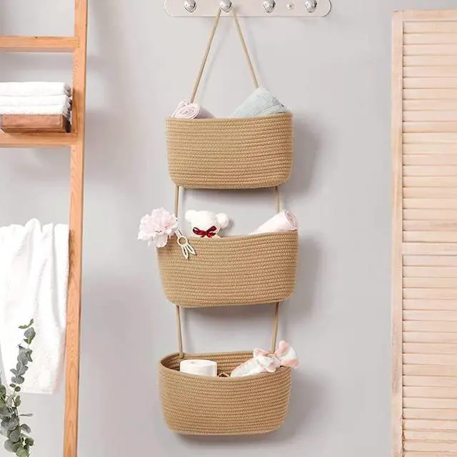 Alt view image 2 of 7 - Wall Hanging Cotton Baskets - Large 3 Tier Decorative Baskets for Wall, Nursery, Bathroom (B-Brown)