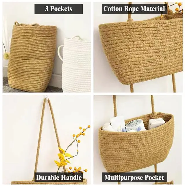 Alt view image 6 of 7 - Wall Hanging Cotton Baskets - Large 3 Tier Decorative Baskets for Wall, Nursery, Bathroom (B-Brown)