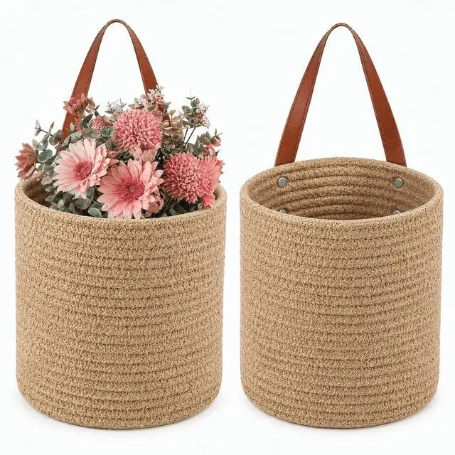 Main image of Set of 2 Jute Hanging Basket 7.8" x 6.7", Small Wall Hanging Planter Baskets, Natural Jute Woven Storage Basket for Flower Plants Towels Sunglasses Wallet Keys, Boho Decor