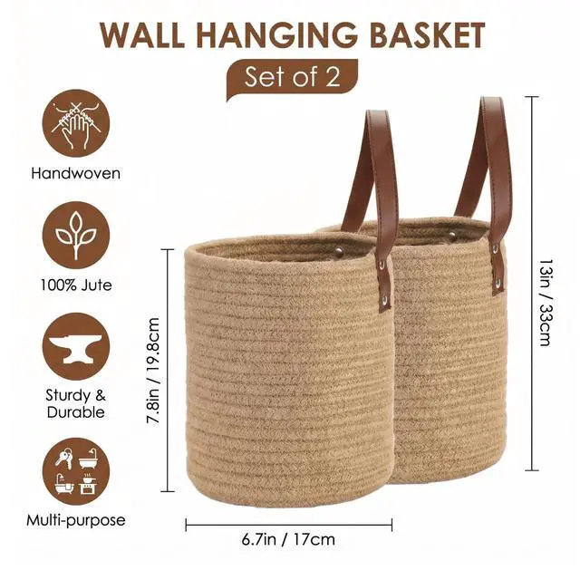 Alt view image 2 of 7 - Set of 2 Jute Hanging Basket 7.8" x 6.7", Small Wall Hanging Planter Baskets, Natural Jute Woven Storage Basket for Flower Plants Towels Sunglasses Wallet Keys, Boho Decor