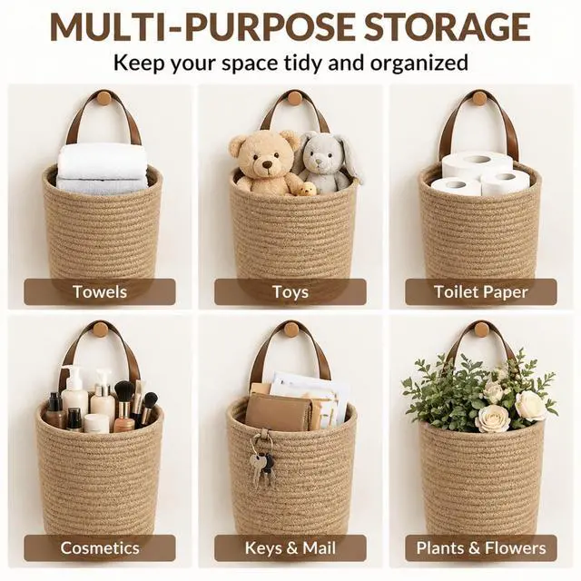 Alt view image 7 of 7 - Set of 2 Jute Hanging Basket 7.8" x 6.7", Small Wall Hanging Planter Baskets, Natural Jute Woven Storage Basket for Flower Plants Towels Sunglasses Wallet Keys, Boho Decor