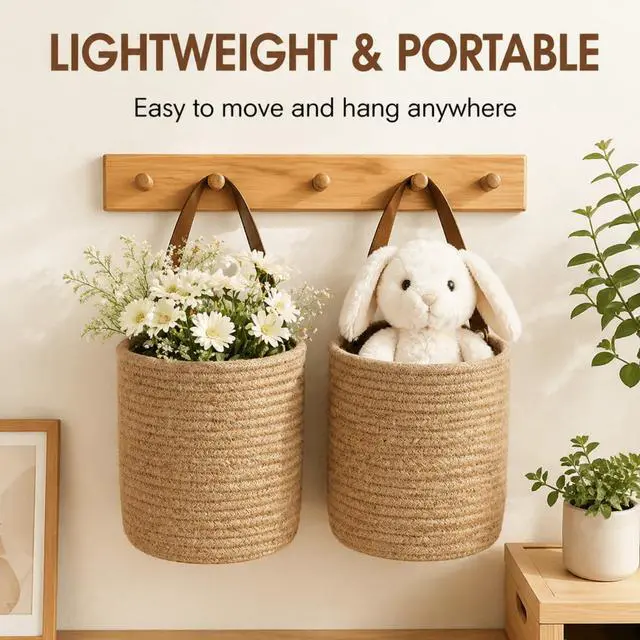 Alt view image 6 of 7 - Set of 2 Jute Hanging Basket 7.8" x 6.7", Small Wall Hanging Planter Baskets, Natural Jute Woven Storage Basket for Flower Plants Towels Sunglasses Wallet Keys, Boho Decor