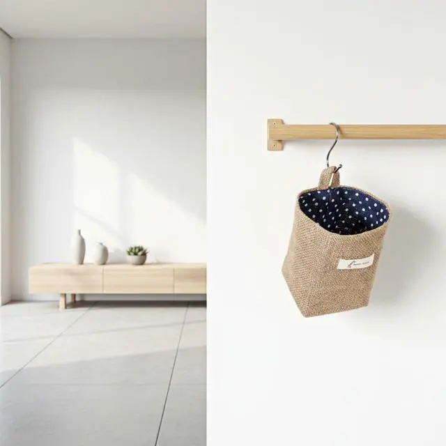 Alt view image 7 of 7 - 2 Pack Hanging Basket for Door Jute Hanging Wall Storage Baskets, Small Linen Wall Organizer for Keys, Wallets, Plants, Boho Decor with Hooks