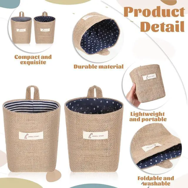 Alt view image 6 of 7 - 2 Pack Hanging Basket for Door Jute Hanging Wall Storage Baskets, Small Linen Wall Organizer for Keys, Wallets, Plants, Boho Decor with Hooks