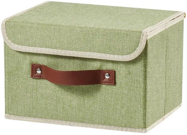 Main image of Storage Boxes with Lid Cotton Linen Fabric Storage Bins Organizer Container Decorative Collapsible Washable Shelf Baskets Faux Leather Handles for Home Bedroom Closet (Green, Small Size)