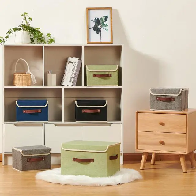 Alt view image 4 of 7 - Storage Boxes with Lid Cotton Linen Fabric Storage Bins Organizer Container Decorative Collapsible Washable Shelf Baskets Faux Leather Handles for Home Bedroom Closet (Green, Small Size)