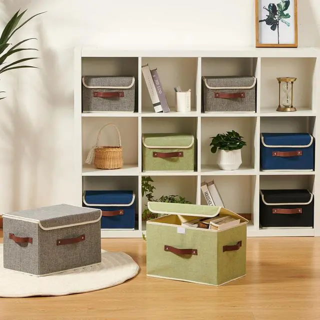 Alt view image 7 of 7 - Storage Boxes with Lid Cotton Linen Fabric Storage Bins Organizer Container Decorative Collapsible Washable Shelf Baskets Faux Leather Handles for Home Bedroom Closet (Green, Small Size)