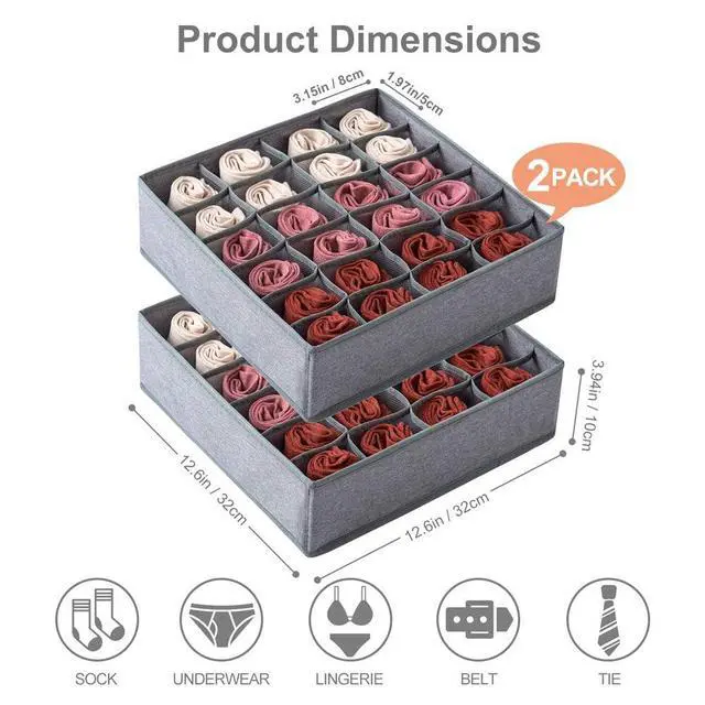 Alt view image 2 of 7 - 2 Pack Socks Underwear Drawer Organizer Divider, 24 Cell or 16 Cell Collapsible Cabinet Closet Organizer Storage Boxes for Clothes, Socks, Lingerie, Underwear, Ties