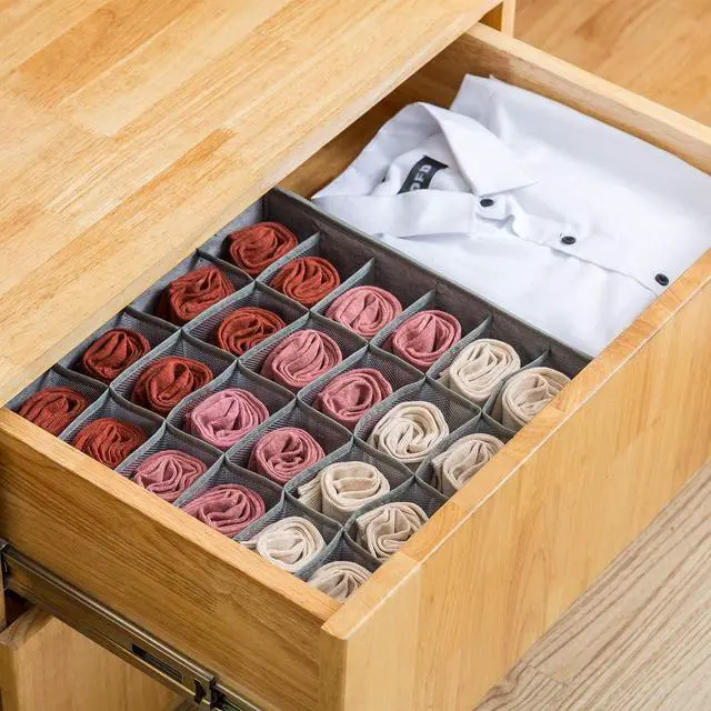 Alt view image 3 of 7 - 2 Pack Socks Underwear Drawer Organizer Divider, 24 Cell or 16 Cell Collapsible Cabinet Closet Organizer Storage Boxes for Clothes, Socks, Lingerie, Underwear, Ties