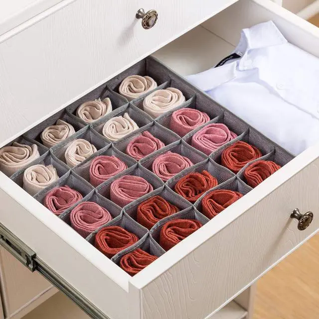 Alt view image 5 of 7 - 2 Pack Socks Underwear Drawer Organizer Divider, 24 Cell or 16 Cell Collapsible Cabinet Closet Organizer Storage Boxes for Clothes, Socks, Lingerie, Underwear, Ties