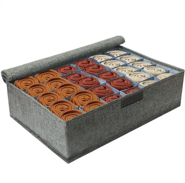 Main image of Gray Sock Organizer Divider 1 Pack with Lid - 30 Cell Foldable Closet Storage, Tie Organizer For Men Boxes for Socks, Ties, Belts