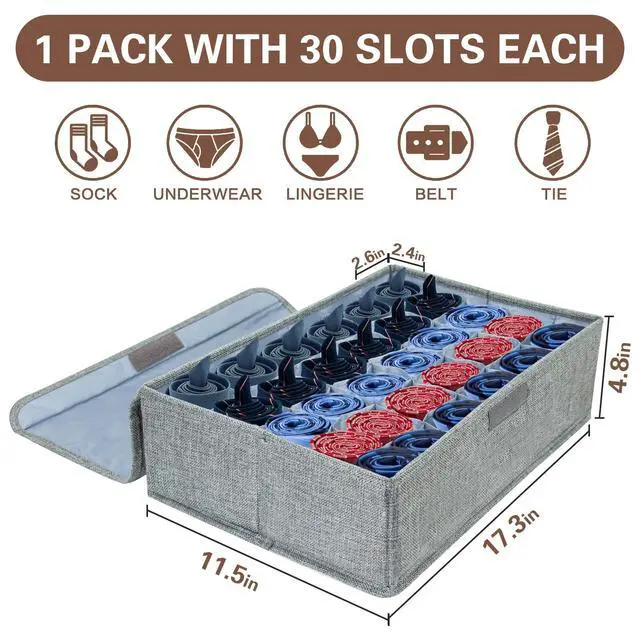 Alt view image 3 of 7 - Gray Sock Organizer Divider 1 Pack with Lid - 30 Cell Foldable Closet Storage, Tie Organizer For Men Boxes for Socks, Ties, Belts