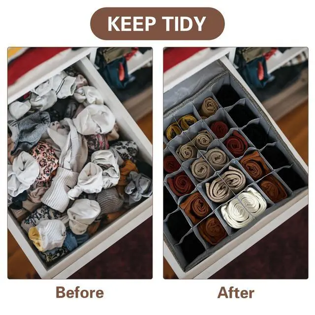 Alt view image 6 of 7 - Gray Sock Organizer Divider 1 Pack with Lid - 30 Cell Foldable Closet Storage, Tie Organizer For Men Boxes for Socks, Ties, Belts