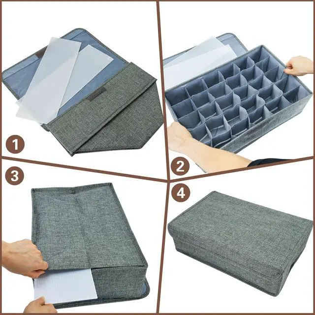 Alt view image 7 of 7 - Gray Sock Organizer Divider 1 Pack with Lid - 30 Cell Foldable Closet Storage, Tie Organizer For Men Boxes for Socks, Ties, Belts