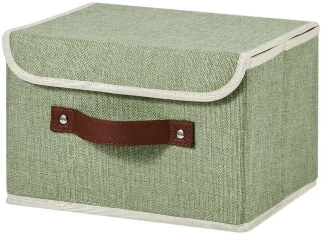 Main image of Storage Bins Box with Lids Decorative Cotton Linen Fabric Baskets Cubes with Handles PP Plastic Board Foldable Washable Lidded Clothing Shelf Closet Organizer Container (Light Green, Small)