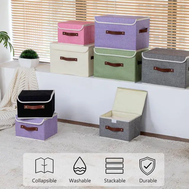 Alt view image 4 of 7 - Storage Bins Box with Lids Decorative Cotton Linen Fabric Baskets Cubes with Handles PP Plastic Board Foldable Washable Lidded Clothing Shelf Closet Organizer Container (Light Green, Small)