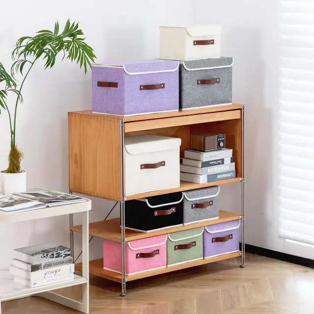 Alt view image 5 of 7 - Storage Bins Box with Lids Decorative Cotton Linen Fabric Baskets Cubes with Handles PP Plastic Board Foldable Washable Lidded Clothing Shelf Closet Organizer Container (Light Green, Small)