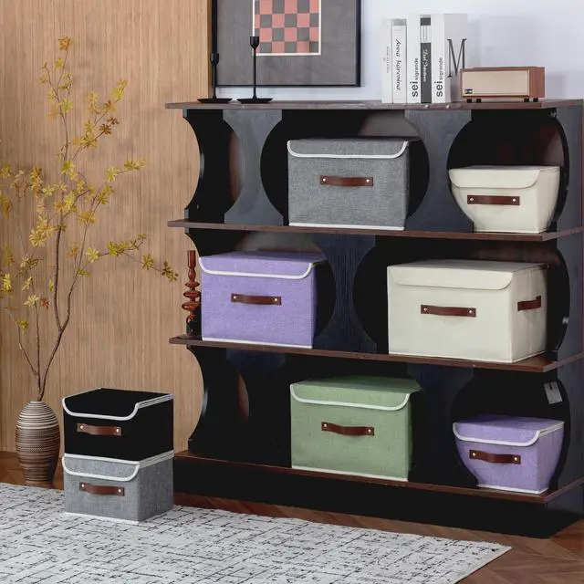 Alt view image 6 of 7 - Storage Bins Box with Lids Decorative Cotton Linen Fabric Baskets Cubes with Handles PP Plastic Board Foldable Washable Lidded Clothing Shelf Closet Organizer Container (Light Green, Small)