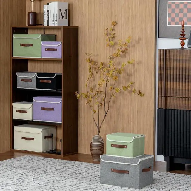 Alt view image 7 of 7 - Storage Bins Box with Lids Decorative Cotton Linen Fabric Baskets Cubes with Handles PP Plastic Board Foldable Washable Lidded Clothing Shelf Closet Organizer Container (Light Green, Small)
