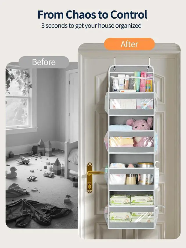 Alt view image 2 of 7 - 5 Tier Over the Door Organizer, Swing-proof Door Organizer Hanging with Clear PVC Windows, Behind the Door Storage for Bedroom Nursery Closet Laundry Pantry Bathroom, Grey