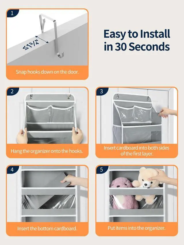 Alt view image 4 of 7 - 5 Tier Over the Door Organizer, Swing-proof Door Organizer Hanging with Clear PVC Windows, Behind the Door Storage for Bedroom Nursery Closet Laundry Pantry Bathroom, Grey
