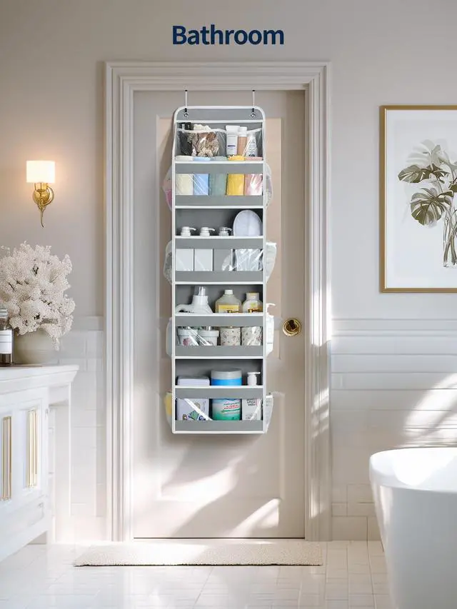 Alt view image 6 of 7 - 5 Tier Over the Door Organizer, Swing-proof Door Organizer Hanging with Clear PVC Windows, Behind the Door Storage for Bedroom Nursery Closet Laundry Pantry Bathroom, Grey
