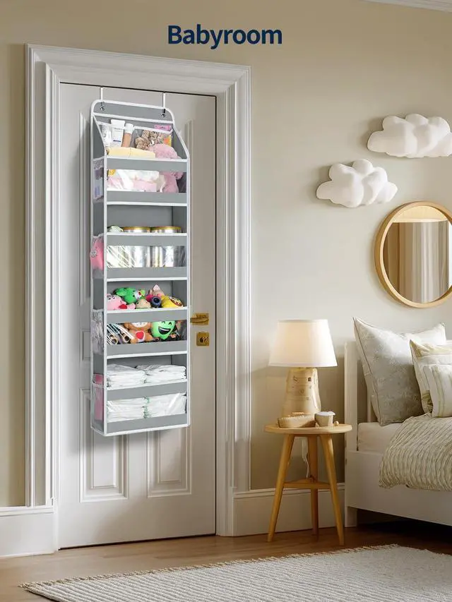 Alt view image 7 of 7 - 5 Tier Over the Door Organizer, Swing-proof Door Organizer Hanging with Clear PVC Windows, Behind the Door Storage for Bedroom Nursery Closet Laundry Pantry Bathroom, Grey