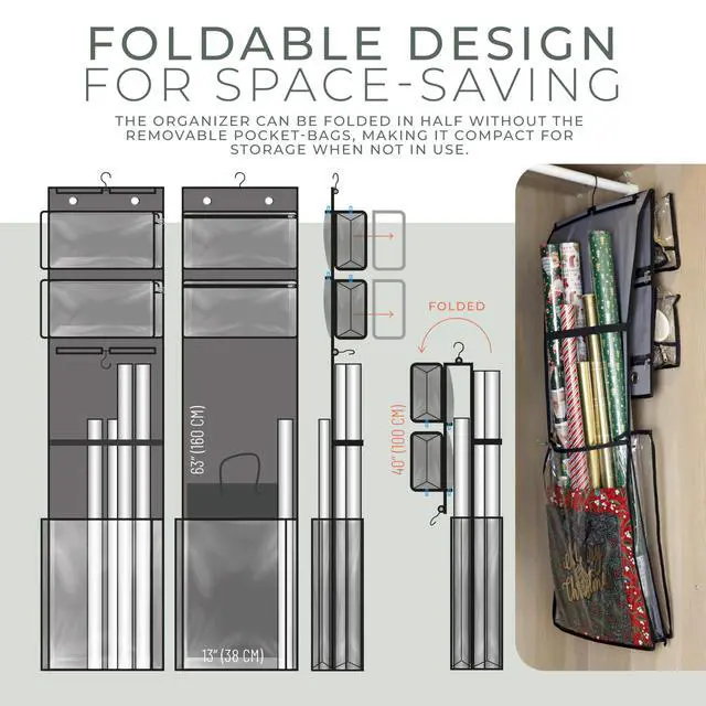 Alt view image 2 of 7 - Hanging Wrapping Paper Organizer 63", Over-the-Door Gift Bag & Wrap Storage