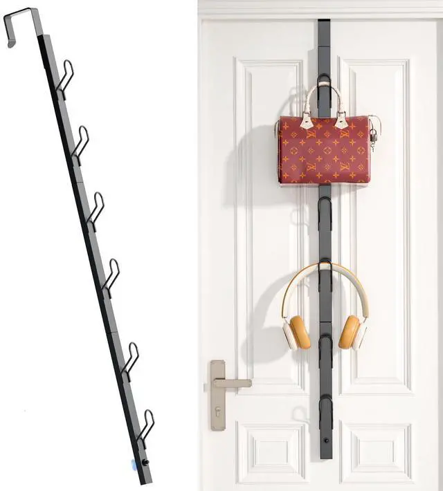 Main image of Over the Door Hooks Long with 6 Hooks, Behind the Door Towel Racks for Bathroom, Door Purse Bag Coat Robe Hanger, Hat Clothes Hanging Organizer with Non-Slip Pads & Suction Cups, 28.3 Inches, Black