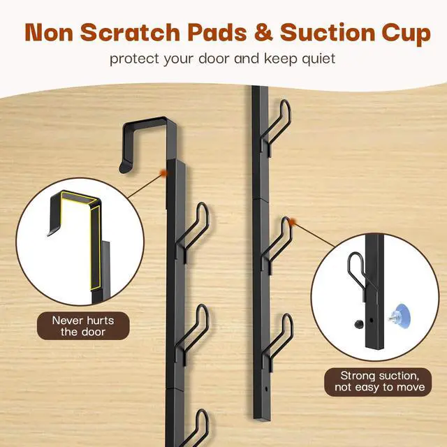 Alt view image 3 of 7 - Over the Door Hooks Long with 6 Hooks, Behind the Door Towel Racks for Bathroom, Door Purse Bag Coat Robe Hanger, Hat Clothes Hanging Organizer with Non-Slip Pads & Suction Cups, 28.3 Inches, Black