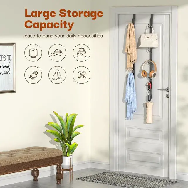 Alt view image 5 of 7 - Over the Door Hooks Long with 6 Hooks, Behind the Door Towel Racks for Bathroom, Door Purse Bag Coat Robe Hanger, Hat Clothes Hanging Organizer with Non-Slip Pads & Suction Cups, 28.3 Inches, Black