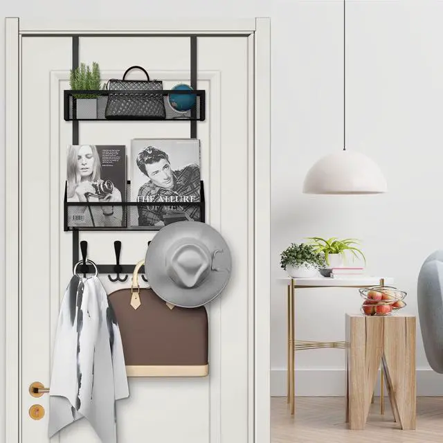 Alt view image 5 of 7 - Over The Door Hooks Organizer, Coat Rack Over The Door Storage Hanger Towel Rack, Back of Door Storage Organizer for Bathroom,Bedroom,Kitchen,Office (Black, 3-Tier)