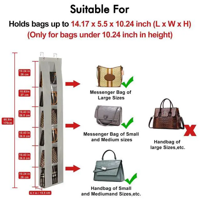 Alt view image 2 of 6 - Over the Door Organizer, 2 Pack Handbag Storage with 6-Tier Space-Saving for Door or Closet, Handbag Hanger, Grey