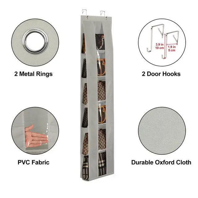 Alt view image 4 of 6 - Over the Door Organizer, 2 Pack Handbag Storage with 6-Tier Space-Saving for Door or Closet, Handbag Hanger, Grey