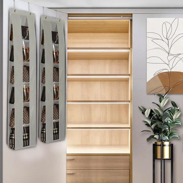 Alt view image 6 of 6 - Over the Door Organizer, 2 Pack Handbag Storage with 6-Tier Space-Saving for Door or Closet, Handbag Hanger, Grey