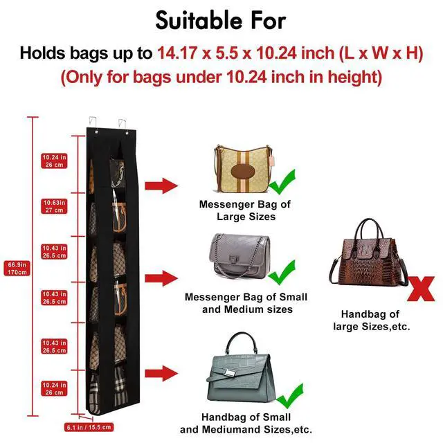 Alt view image 2 of 6 - Over The Door Purse Organizer, Space-Saving Medium and Large Handbag Storage Organizer Clothing Closet Hanger, Black