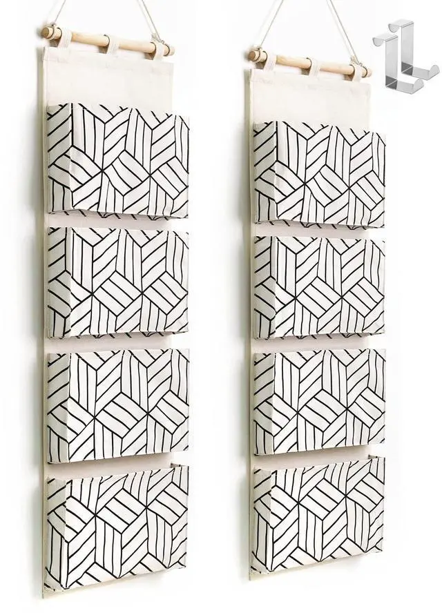 Main image of 2Pcs Over Door Hanging Storage Bags Wall Mount Closet Organizer, 4 Big Pockets Linen Cotton Fabric Living Room Bedroom Bathroom File Magazine Waterproof Free Hooks White