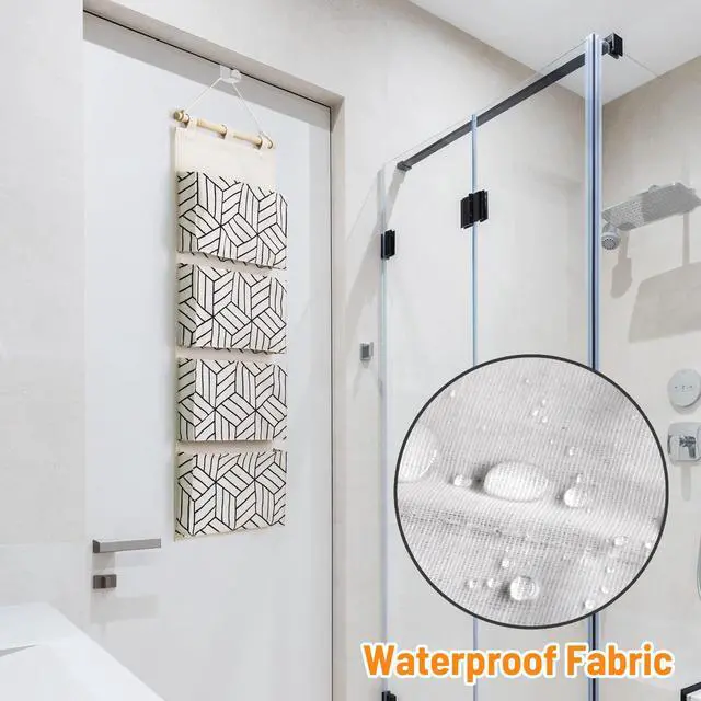 Alt view image 2 of 6 - 2Pcs Over Door Hanging Storage Bags Wall Mount Closet Organizer, 4 Big Pockets Linen Cotton Fabric Living Room Bedroom Bathroom File Magazine Waterproof Free Hooks White