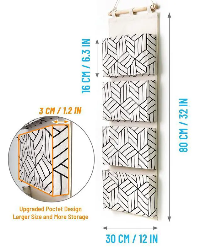 Alt view image 4 of 6 - 2Pcs Over Door Hanging Storage Bags Wall Mount Closet Organizer, 4 Big Pockets Linen Cotton Fabric Living Room Bedroom Bathroom File Magazine Waterproof Free Hooks White